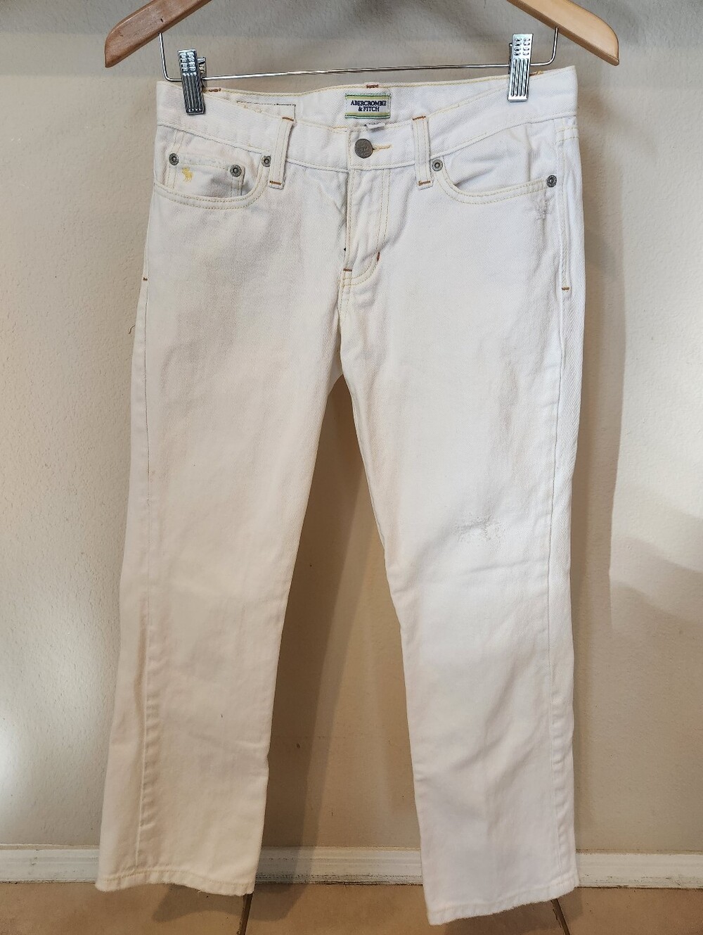 Abercrombie & Fitch White Ankle Cropped Denim Jeans with Yellow and Green Trim